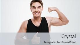  Presentation with black man - Colorful PPT layouts enhanced with photo of cheerful young man dressed in black t-shirt standing over white background showing his biceps make thumbs up gesture backdrop and a light gray colored foreground