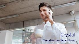  Presentation with coworking - PPT theme with photo of cheerful young man dressed in white shirt drinking coffee while chatting by phone coworking look aside background and a lemonade colored foreground