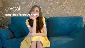  Presentation with lipstick - Audience pleasing presentation design consisting of photo of cheerful young pin-up lady with red lipstick sitting on sofa at home looking at camera backdrop and a coral colored foreground