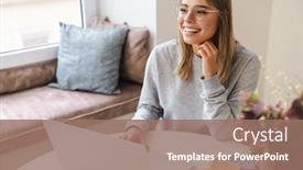  Presentation with living room - Theme with photo-of-cheerful-young-woman background and a coral colored foreground