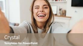  Presentation with living room - Theme featuring photo-of-cheerful-young-woman background and a coral colored foreground