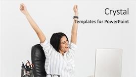  Presentation with photo - Presentation design featuring photo of cheery brunette businesswoman background and a white colored foreground