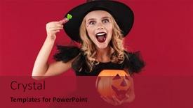  Presentation with halloween candy - Presentation theme consisting of photo of cheery little girl witch in carnival halloween costume isolated over red wall background holding holiday pumpkin candy box bag background and a crimson colored foreground
