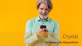  Presentation with blue and yellow phone - Amazing slide set having photo-of-cheery-positive-grey backdrop and a gold colored foreground