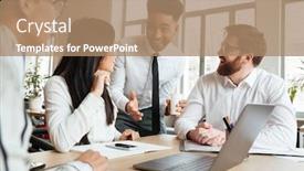  Presentation with coworking - Amazing PPT theme having photo of cherful positive young colleagues indoors coworking looking aside using laptop computer backdrop and a coral colored foreground