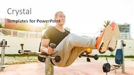 Presentation with exercises - PPT theme featuring photo of concentrated handsome young strong sports man outdoors make exercises background and a white colored foreground