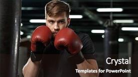  Presentation with boxer - Presentation theme with photo of concentrated handsome young strong sports man boxer posing in gym and looking aside background and a wine colored foreground