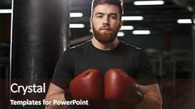 Presentation with boxer - Amazing PPT theme having photo of concentrated handsome young strong sports man boxer posing in gym and looking at camera backdrop and a wine colored foreground