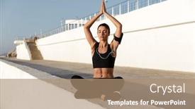  Presentation with listening woman - Beautiful PPT theme featuring photo of concentrated young sports woman listening music with earphones outdoors eyes closed make yoga exercises backdrop and a coral colored foreground