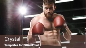  Presentation with boxer - Colorful presentation theme enhanced with photo of concentrated young strong sports man boxer posing in gym and looking at camera backdrop and a tawny brown colored foreground