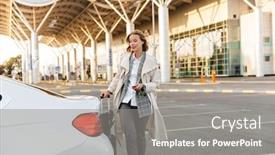 Presentation with airline industry airport parking aircraft - Audience pleasing theme consisting of photo-of-confident-blonde-businesswoman backdrop and a gray colored foreground