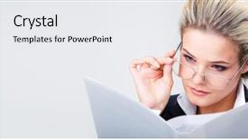  Presentation with business plan - Audience pleasing PPT theme consisting of photo of confident business lady wearing glasses and looking at plan seriously backdrop and a white colored foreground