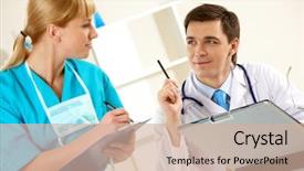  Presentation with physician - Colorful PPT theme enhanced with photo of confident physician looking at nurse while she making notes backdrop and a soft green colored foreground