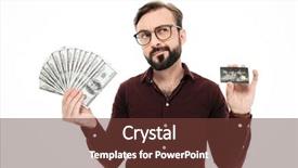  Presentation with credit card - Colorful slide set enhanced with photo of confused thinking young backdrop and a tawny brown colored foreground