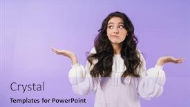  Presentation with purple wall - Beautiful presentation theme featuring photo-of-confused-young-brunette backdrop and a light blue colored foreground