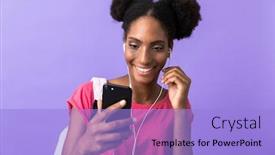  Presentation with african violet - Amazing presentation theme having photo of content african american woman student wearing backpack and white headphones holding smartphone isolated over violet background backdrop and a light blue colored foreground