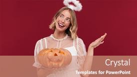  Presentation with angel - Amazing slide set having photo of cute cheery happy woman angel in carnival costume isolated over red wall background holding pumpkin backdrop and a coral colored foreground