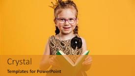  Presentation with princess - Presentation theme enhanced with photo of cute girl child wearing princess crown standing isolated over yellow background looking camera reading book background and a gold colored foreground