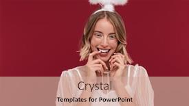  Presentation with angel - Audience pleasing PPT layouts consisting of photo of cute happy cheery woman angel in carnival costume isolated over red wall background backdrop and a coral colored foreground