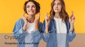  Presentation with hopeful - Presentation having photo of cute young women friends posing isolated over yellow background make hopeful please gesture background and a seafoam green colored foreground