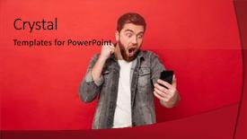  Presentation with vernier caliper bearing isolated - Slides featuring photo of delighted bearded guy background and a red colored foreground