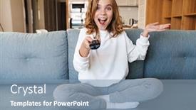  Presentation with remote - Presentation theme featuring photo-of-delighted-girl-using background and a light blue colored foreground