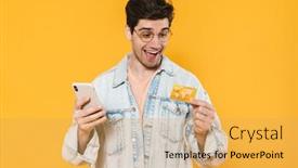  Presentation with man holding phone - Audience pleasing presentation design consisting of photo-of-delighted-young-man backdrop and a yellow colored foreground