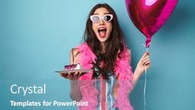  Presentation with balloon - Cool new slides with photo-of-delighted-young-woman backdrop and a teal colored foreground