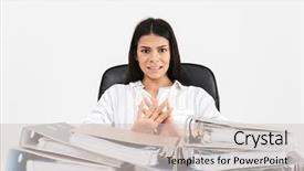  Presentation with photo - Amazing presentation design having photo of disappointed brunette businesswoman backdrop and a soft green colored foreground