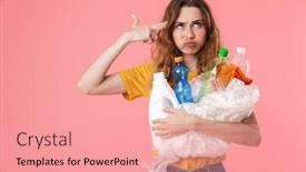  Presentation with plastic waste - PPT theme with photo of displeased caucasian woman in basic t-shirt holding plastic waste and showing gun gesture isolated over pink background background and a coral colored foreground