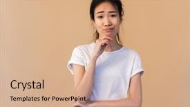  Presentation with arabian woman wearing hijab muslim - Presentation theme featuring photo of displeased japanese woman wearing basic t-shirt touching chin and pouting isolated over beige background in studio background and a coral colored foreground