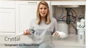  Presentation with photo - Cool new PPT theme with photo-of-displeased-young-blonde backdrop and a light gray colored foreground