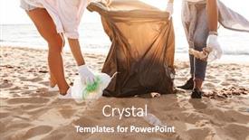  Presentation with eco plastic - Slide set with photo of eco volunteers teamwork cleaning beach from plastic garbage together with trash bags at seaside background and a coral colored foreground