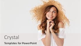  Presentation with straw - PPT layouts consisting of photo of elegant content girl 20s wearing big straw hat smiling and looking upward at copyspace with innocent glance isolated over white background background and a lemonade colored foreground