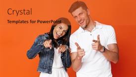  Presentation with amazing - Colorful PPT theme enhanced with photo of emotional attractive amazing loving couple posing isolated over red wall background pointing to you backdrop and a red colored foreground