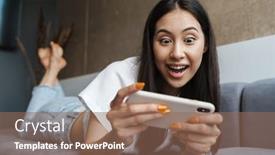  Presentation with mobile home - PPT theme consisting of photo-of-emotional-young-woman background and a coral colored foreground