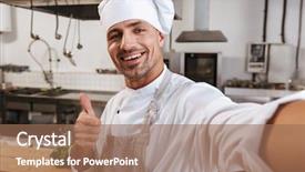  Presentation with restaurant kitchen - Slide set having chiefs - photo of european male chief background and a coral colored foreground