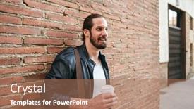  Presentation with takeaway coffee - Beautiful slide deck featuring photo of european unshaved man with tied hair standing over brick wall on city street and drinking takeaway coffee backdrop and a coral colored foreground
