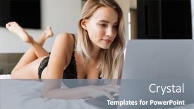 Presentation with linen - Cool new PPT theme with photo of european woman 20s wearing luxury lingerie using laptop while lying in bed on white linen in modern apartment backdrop and a gray colored foreground