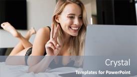  Presentation with linen - PPT layouts enhanced with photo of european woman 20s wearing luxury lingerie using laptop while lying in bed on white linen in modern apartment background and a gray colored foreground