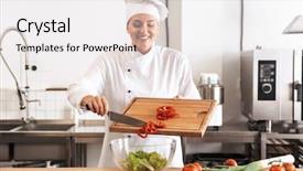  Presentation with restaurant kitchen - Audience pleasing slide set consisting of photo of european woman chef backdrop and a white colored foreground
