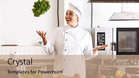  Presentation with fresh fruits vegetables dairy meat - Slide set having photo of european woman chef background and a coral colored foreground