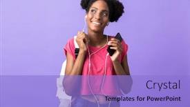  Presentation with african violet - Presentation having photo of excited african american woman student wearing backpack and white headphones holding smartphone isolated over violet background background and a light blue colored foreground