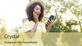  Presentation with american craftsmanship - Audience pleasing presentation theme consisting of photo of excited american woman backdrop and a  colored foreground