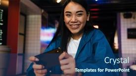  Presentation with video game - Colorful PPT theme enhanced with photo-of-excited-asian-woman backdrop and a ocean colored foreground