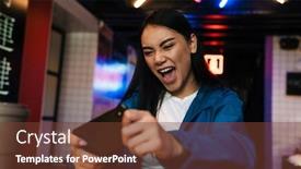  Presentation with video game - Slide deck consisting of photo-of-excited-asian-woman background and a tawny brown colored foreground