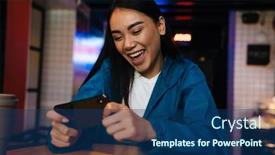  Presentation with video game - Beautiful presentation theme featuring photo-of-excited-asian-woman backdrop and a ocean colored foreground