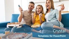  Presentation with family photo - PPT theme consisting of photo-of-excited-beautiful-caucasian background and a ocean colored foreground