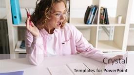  Presentation with homework - Colorful PPT layouts enhanced with photo-of-excited-blonde-woman backdrop and a lemonade colored foreground