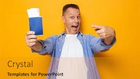  Presentation with passport - Colorful presentation design enhanced with photo of excited happy man isolated over yellow background holding passport pointing backdrop and a gold colored foreground